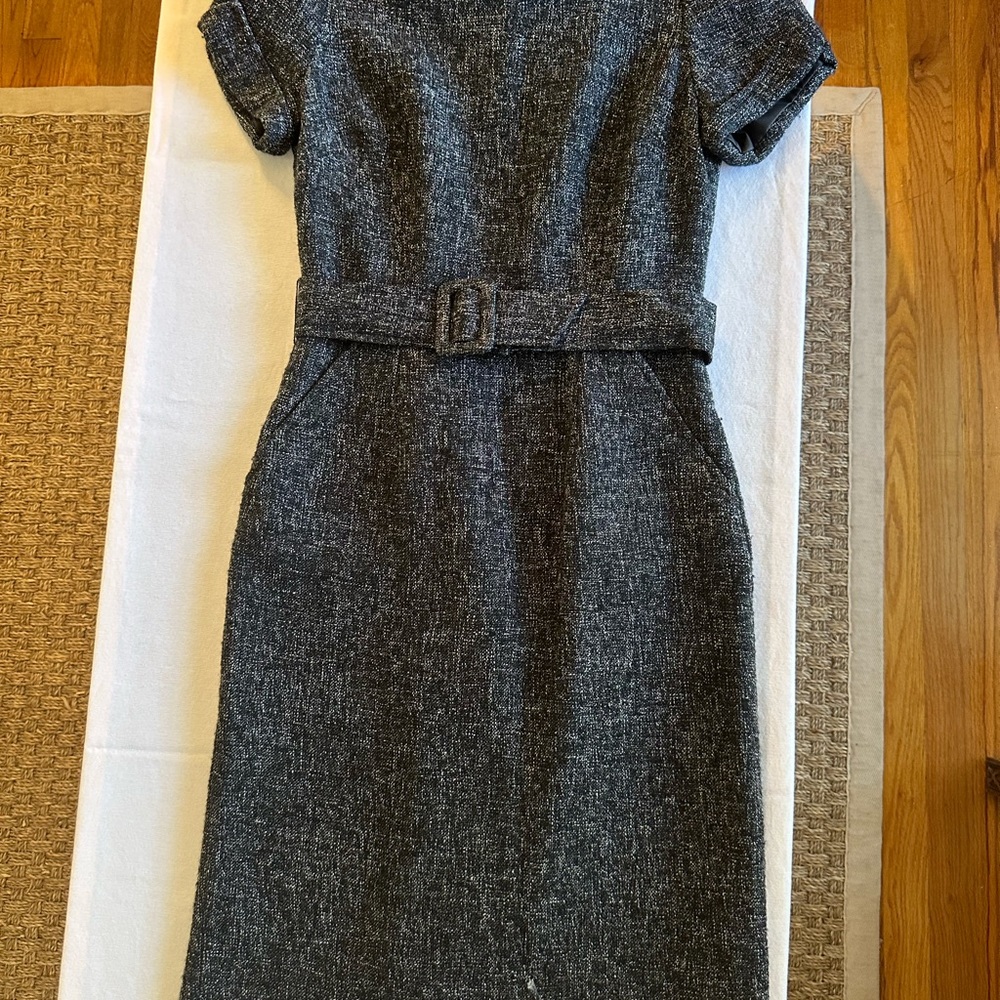 Black tweed dress.  Belt and pockets.